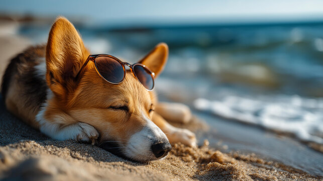 Cute dog wearing sunglasses lying on a sandy beach near ocean waves on a warm sunny summer day, defocused coastal background, happy pet concept, beach holiday, summer lifestyle,