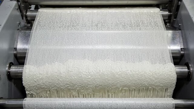 Overhead medium shot of pulp flowing onto forming fabric detailing consistent water drainage and smooth surface formation for paper board manufacturing.