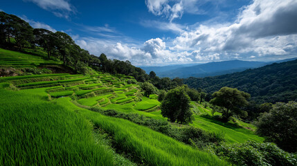 Obraz premium Terraced green rice fields cascading down mountain slopes under a bright blue sky with fluffy white clouds, defocused background, agricultural landscape concept, lush farmland,