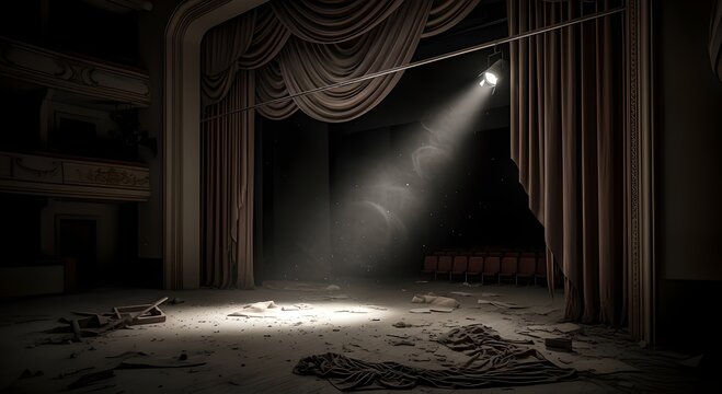 A lone spotlight cuts through the dust and decay of an abandoned grand theater stage, an ethereal glow on forgotten dreams and the silent echo of past performances, capturing a melancholic beauty