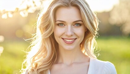 Naklejka premium Hübsche blonde Frau im Frühling – lachendes Portrait