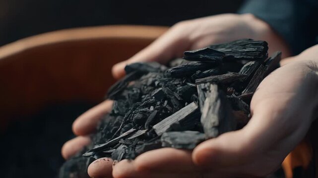 Medium shot focusing on urban organic discards being processed into sustainable biochar for environmentally friendly city gardening projects.
