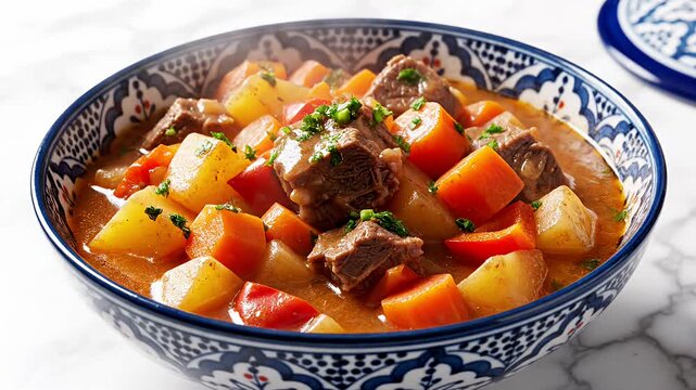 Hot beef stew with vegetables in patterned bowl on marble