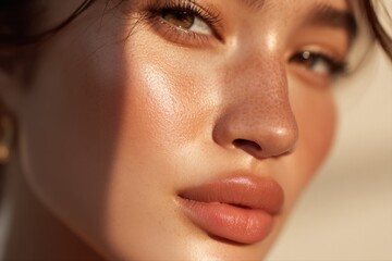 Fototapeta premium Close-up Portrait of a Young Woman with Glowing Skin and Natural Makeup, Ideal for Beauty Advertising