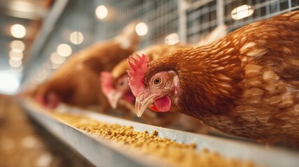 Chickens Eating Feed in Farm, Close-Up View of Poultry in Enclosure at Feeding Time