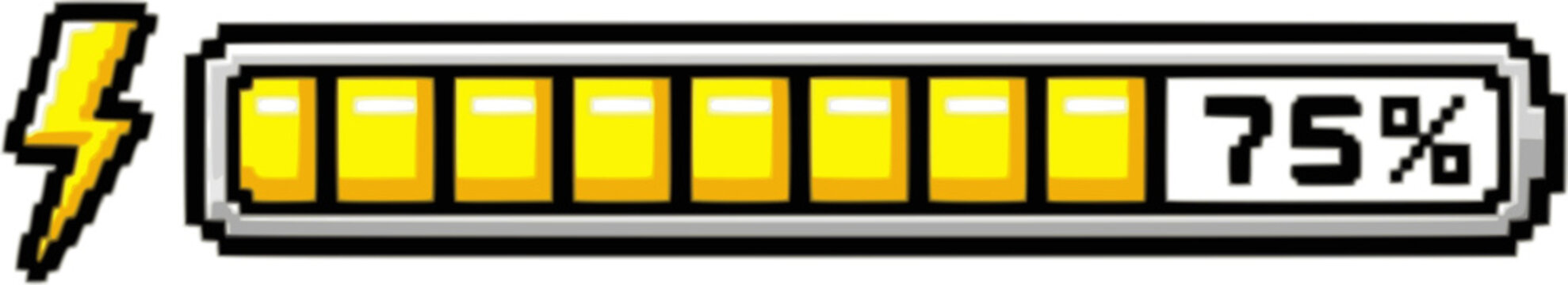 Pixel lightning energy bar. 8bit battery power charge interface indicator, videogame health status. Thunderbolt progress levels. Retro 80s arcade game UI pixelated element. Vector isolated set