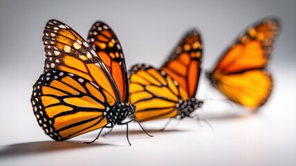 Obraz premium Three Monarch Butterflies Displaying Vibrant Orange and Black Wings on White Backdrop, Symbolizing Transformation