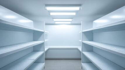 Obraz premium Empty Retail Shelves in a Clean, Modern Store Awaiting Products, Demonstrating Storage Space