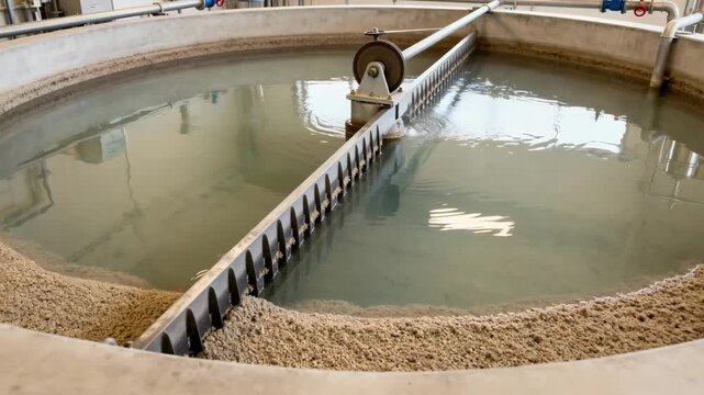 Medium angle view of a clarifier basin in a creamerys onsite wastewater plant highlighting sedimentation and separation of solids from dairy effluent.