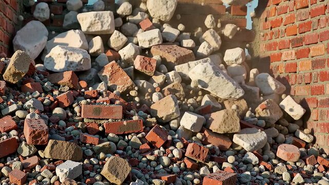 close-up rubble aftermath explosion collapse sunlit brick debris | construction, disaster, architecture, abstract, background theme