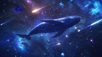 Fototapeta premium Celestial Whale's Cosmos: A majestic whale soars through a mesmerizing cosmos of stars, gas clouds, and meteors, an enchanting fusion of nature and space. 