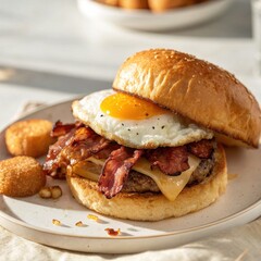 Breakfast burger with fried egg on a plate