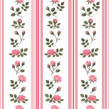 Seamless Pink small Rose Pattern with stripes &ndash; Vintage Small Floral Background for Fabric, Textile, Wrapping Paper and Surface Print