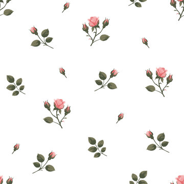 Seamless Pink Rose Pattern &ndash; Vintage Small Floral Background for Fabric, Textile, Wrapping Paper and Surface Print