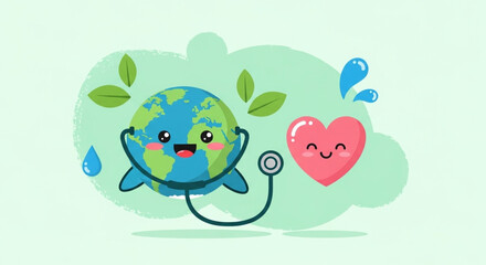 Naklejka premium World Health Day Earth with a stethoscope caring for a happy heart, symbolizing global environmental health, planet wellness, and love for sustainable living