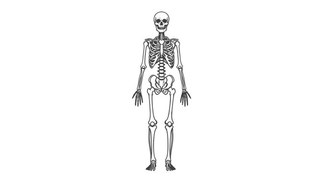 Human Skeleton Anatomy, Full Body View, Medical Illustration, Black and White Line Art
