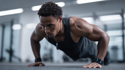 Obraz premium Determined African American man doing push-ups in the gym with focused expression and muscular physique