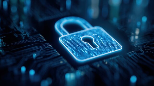 Cybersecurity Lock on Circuit Board: Data Protection and Digital Security Conceptual Illustration