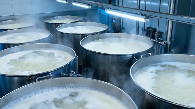 Medium shot of evaporation tanks concentrating whey by removing moisture showcasing bubbling liquid and control panels in a modern dairy plant.