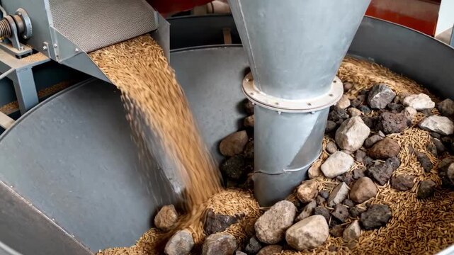 Medium shot focusing on a cyclone separator swirling away stones and heavy debris from harvested paddy emphasizing advanced premilling preparation.