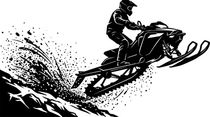 Black silhouette of extreme snowmobile rider wearing full helmet performing high jump with snow spray, dynamic action vector art, sticker design, isolated on white background