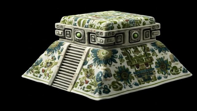 A pyramid structure with ornate designs, a square top, and stairs against a black background