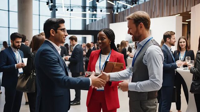 Diverse business professionals engage in lively conversation and networking at a modern corporate event, fostering connections and collaboration in a dynamic conference setting with colleagues and in.