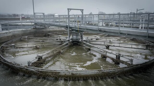 Medium shot of a water treatment plants open basin clarifier with overcast skies focusing on the mechanical process of filtering and clarifying wastewater for reuse.