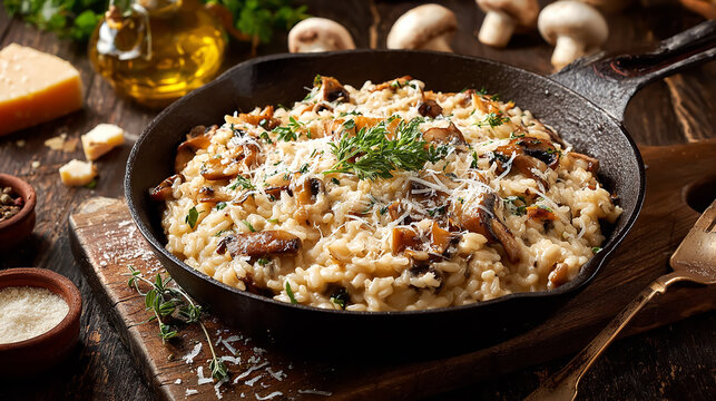 Delicious creamy mushroom risotto topped with grated Parmesan, served in a rustic cast iron skillet, close-up, natural lighting, styled for food photography, appetizing gourmet dish