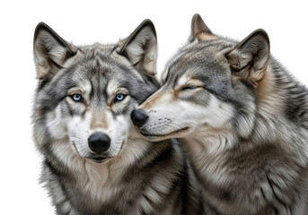 Fototapeta premium two adult grey wolves sharing a tender nuzzle, one with piercing blue eyes, isolated on a clean black background. dramatic rim lighting emphasizes texture and form. concept of deep wildlife bonding