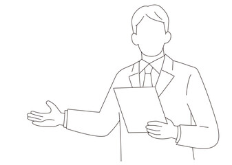 正面を向いて説明をしているビジネスマンの上半身のベクターイラスト