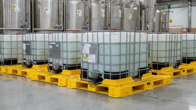 Medium shot of large chemical tanks and intermediate bulk containers arranged indoors with visible spill containment pallets showcasing secure pulping chemical storage.