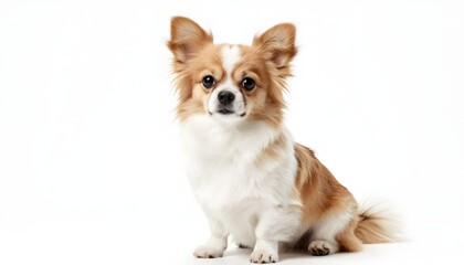 Obraz premium Adorable long-haired chihuahua with expressive eyes sits patiently on a clean white background
