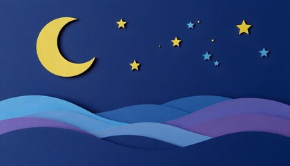 Fototapeta premium Whimsical paper cut moon and stars shine over layered blue and purple hills at night