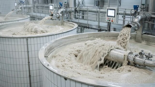 Medium perspective of large whitetiled bleaching tanks in operation focusing on the dynamic mixing of pulp slurry and advanced oxygenperoxide bleaching technology in a controlled