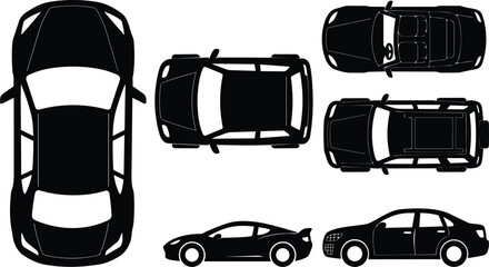 Obraz premium Flat design aerial and profile car silhouettes set showing sedan coupe suv pickup top and side views black minimal vector