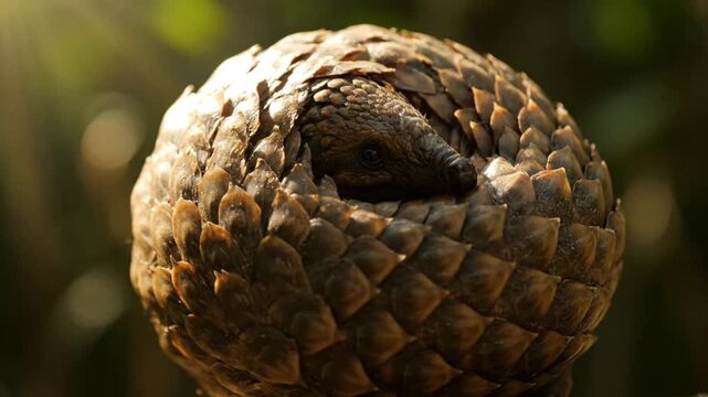 A curled up pangolin with scales and snout in a natural environment viewed from the front