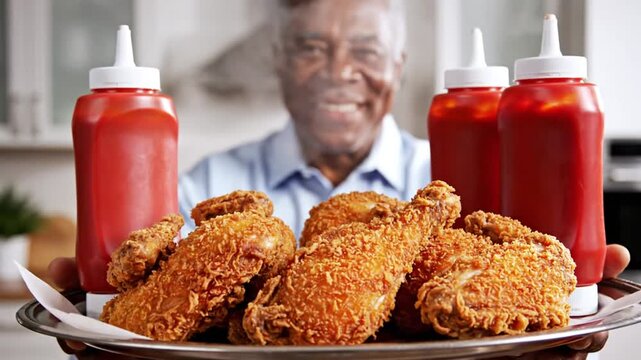Smiling senior man serving fried chicken and ketchup in kitchen