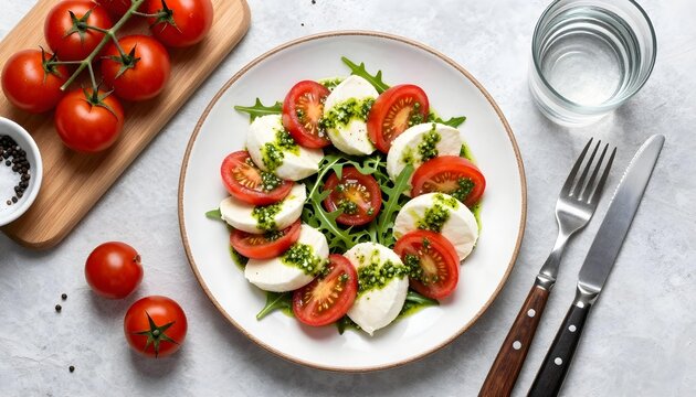 Fresh Caprese salad with mozzarella, tomatoes, and basil pesto on a white plate