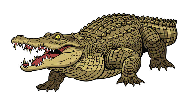 Powerful crocodile with its mouth open showing sharp teeth in a detailed illustration with scaly skin and strong claws.