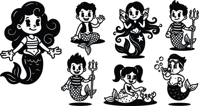 Retro cartoon 90s playful mermaid and merman kids group waving and playing with tridents shells and bubbles smiling profile
