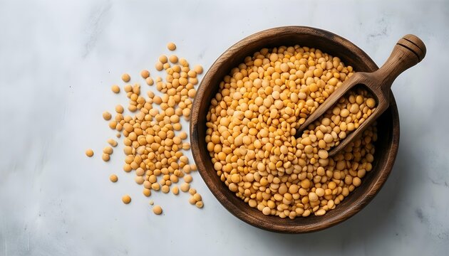 A wooden bowl filled with dried yellow split peas and a scoop, scattered on a marble surface