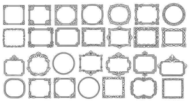 Comprehensive collection of various vintage and ornate frame designs in black and white including round and rectangular shapes.