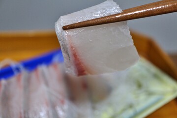 Kanpachi (greater amberjack) sashimi purchased at a supermarket in Tokyo, Japan