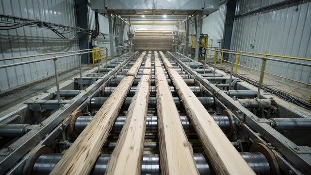 Medium shot inside an enclosed debarking line with logs moving steadily on a conveyor toward the veneer lathe emphasizing controlled environment and automated workflow.