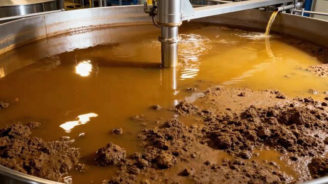 Medium shot of large circular tank filled with golden clarified juice as mud particles settle showcasing industrial beverage purification in active processing.