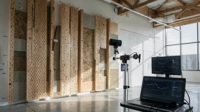 Medium shot of acoustic timber panels being evaluated for sound absorption and insulation properties within an advanced prototyping facility for sustainable architecture.