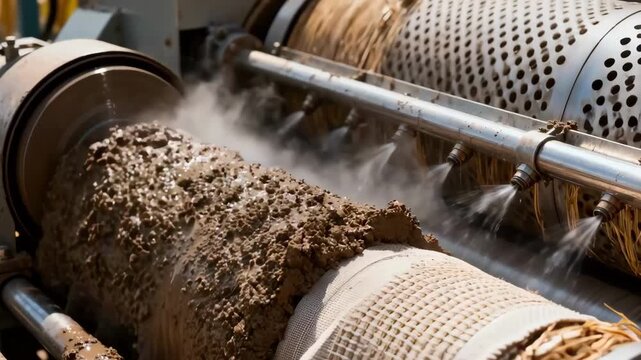 Medium shot capturing the mechanical mud filtration process with a closeup on wet cane mud cake texture as water is extracted.