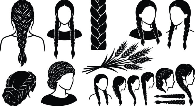 Flat design braided hairstyle icons showing multiple angles female profiles with plait variations wheat bundle side view back view closeup minimalist silhouette