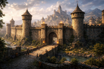 Obraz premium A medieval castle surrounded by mountains and a river, showcasing grand architecture and scenic beauty.